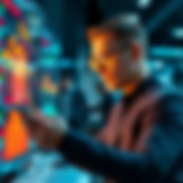 A business person examining a digital screen showing tech trends and innovations.