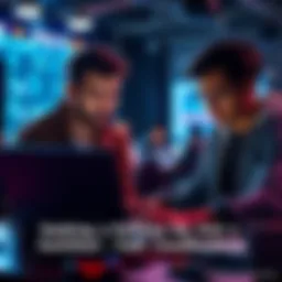 Two individuals working together on a laptop during a hackathon, brainstorming ideas and coding.