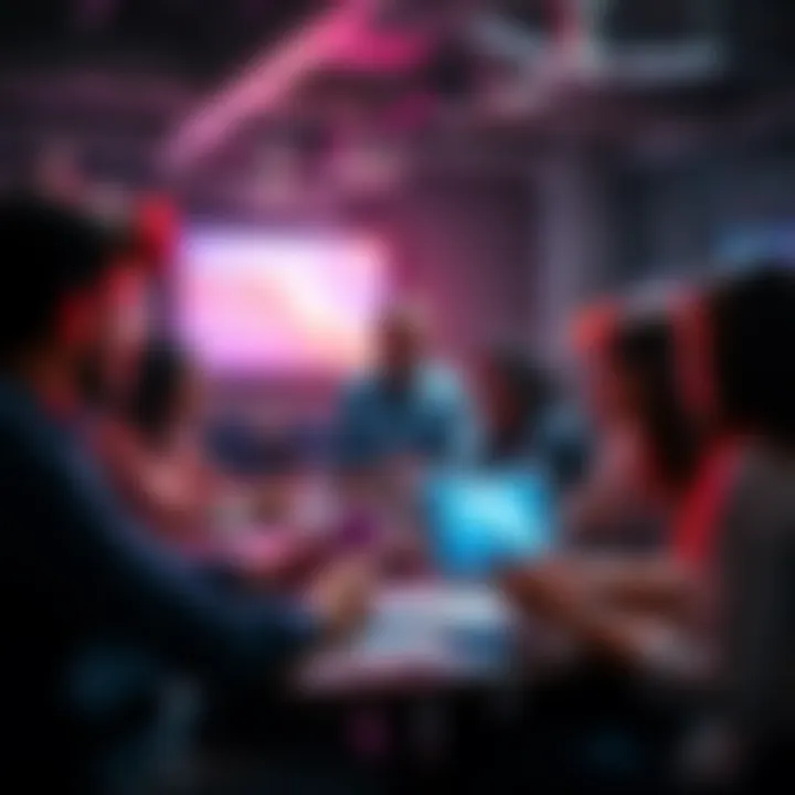 A diverse group of people brainstorming creative team names for a fintech hackathon, surrounded by laptops and notes.