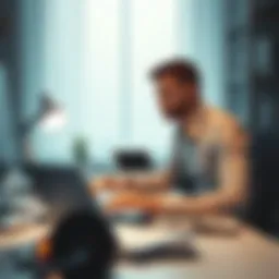 A technology professional, near 40, sitting at a desk with a laptop, looking contemplative as they consider job options and personal growth, with financial documents scattered around.