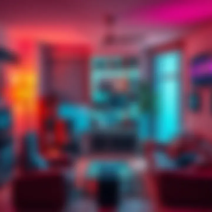 A living room decorated in 1995 style, showcasing outdated furniture and technology contrasting with modern devices.