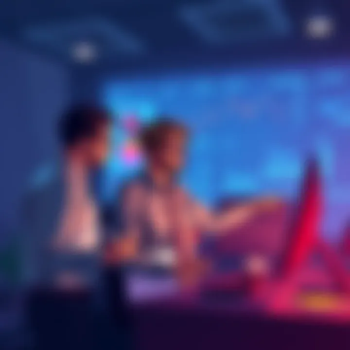 Illustration showing a team of professionals working together on technical migration issues with computers and charts in the background.