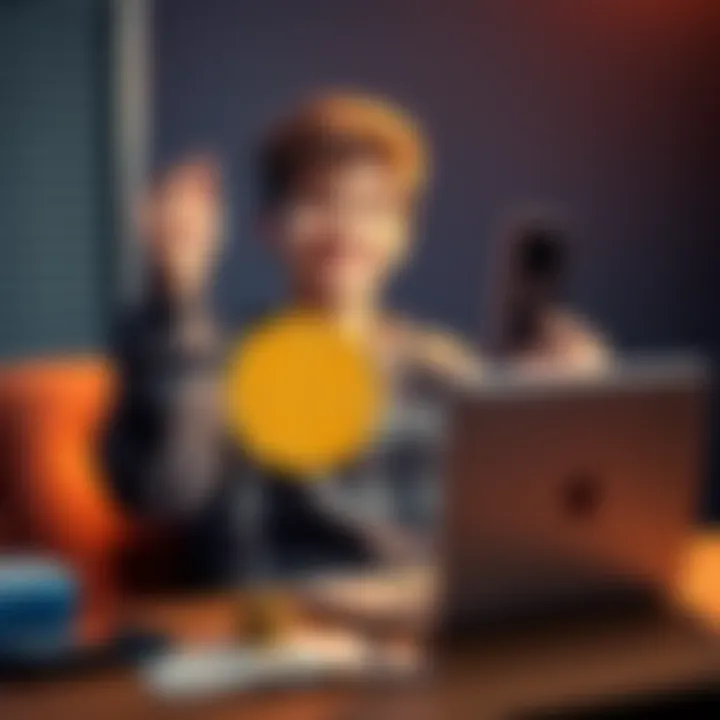 A joyful teenager holding a Bitcoin symbol with a laptop and notes nearby, representing his achievement in cryptocurrency saving and investing.