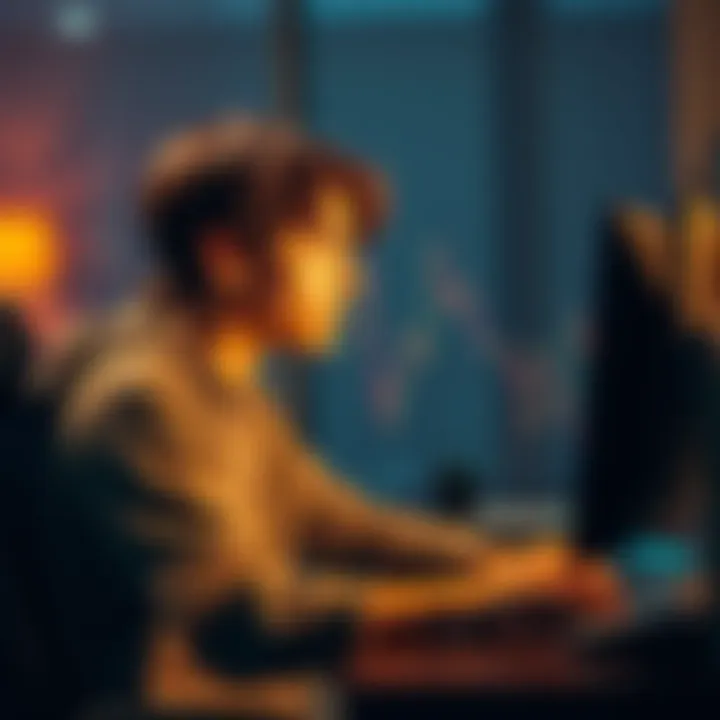 A young person sitting at a computer, researching ways to buy Bitcoin without ID verification, with cryptocurrency graphics on the screen.