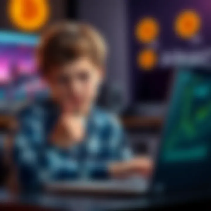 A 15-year-old boy confidently discussing Bitcoin investments while pointing at a graph showing rising values on a laptop screen.