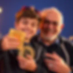 A 15-year-old boy smiles while holding a Bitcoin award, celebrating his achievement of reaching 0.01BTC, with his dad beside him.