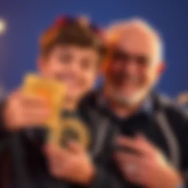 A 15-year-old boy smiles while holding a Bitcoin award, celebrating his achievement of reaching 0.01BTC, with his dad beside him.