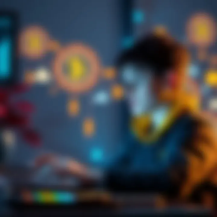 A young person searching for ways to purchase cryptocurrency online without ID verification, with a laptop and cryptocurrency symbols in the background.