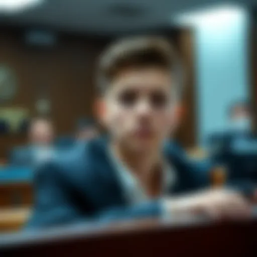 A Canadian teenager sitting in a courtroom, facing charges related to a $37 million Bitcoin theft and hacking incidents, with the judge and legal team present.