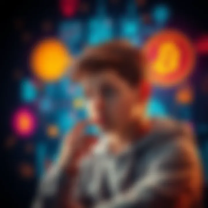 Young Teen Navigating Digital Dilemmas A thoughtful teen contemplating financial choices amidst a backdrop of cryptocurrency symbols and hacker imagery.