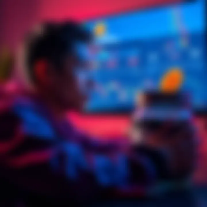 Teen Investing in Bitcoin A young adult looking at a computer screen displaying Bitcoin prices and investment options, with a car savings jar beside them.