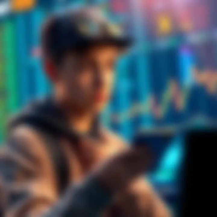 A teenager looking at a screen displaying cryptocurrency symbols, with a credit card in hand, indicating interest in crypto trading.