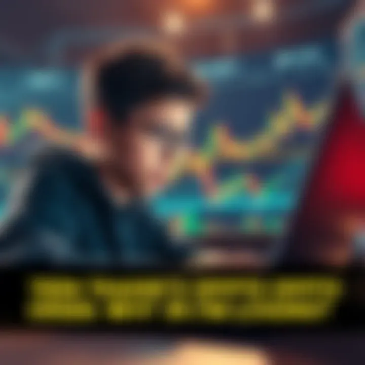 A 15-year-old boy studies a trading chart on a laptop, showing fluctuating crypto prices with visible concern on his face.