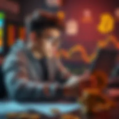 A teenager analyzing cryptocurrency charts on a laptop, surrounded by notes and digital currency symbols