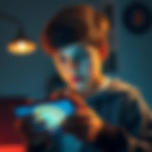 A teenager researching ways to earn more Bitcoin, holding a smartphone with Bitcoin graphics on the screen, looking thoughtful and determined.