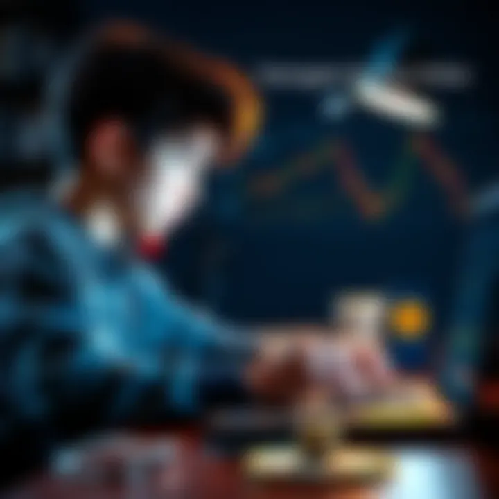 A teenager sitting at a desk, looking at a laptop screen displaying Bitcoin prices and crypto charts, with a smartphone beside them