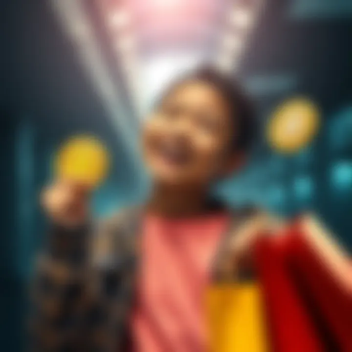 A happy teenager from a developing country smiles while holding Bitcoin symbols and shopping bags, showcasing their newfound wealth and joy in life.