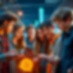 Teenagers Engaged with Bitcoin A group of teenagers discussing Bitcoin and technology, with digital devices in their hands, symbolizing the future influence of cryptocurrency.