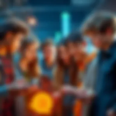 Teenagers Engaged with Bitcoin A group of teenagers discussing Bitcoin and technology, with digital devices in their hands, symbolizing the future influence of cryptocurrency.