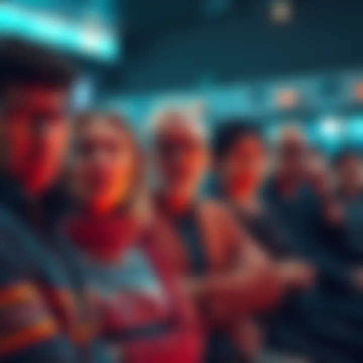 A group of frustrated people waiting for news about their Terra/LUNA claims, showing expressions of anxiety and uncertainty
