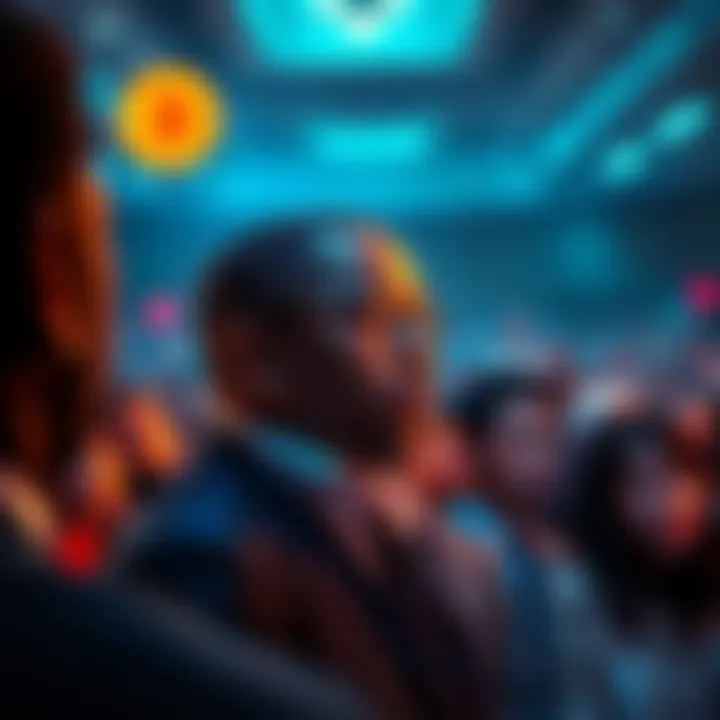 Terrence Howard speaking about Bitcoin with a crowd of people listening attentively.