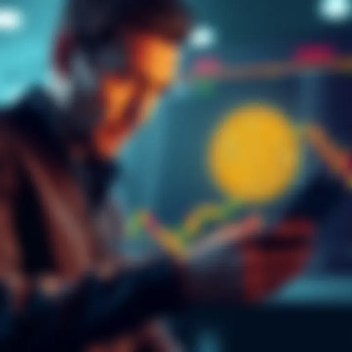 A worried investor looks at a chart showing Tesla's stock and declining Bitcoin value, highlighting financial uncertainty.