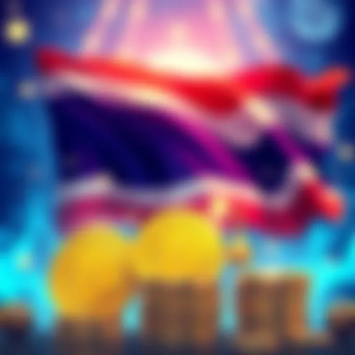 A vibrant illustration showing the Thai flag alongside cryptocurrency symbols, representing the 0% tax on crypto gains in Thailand.