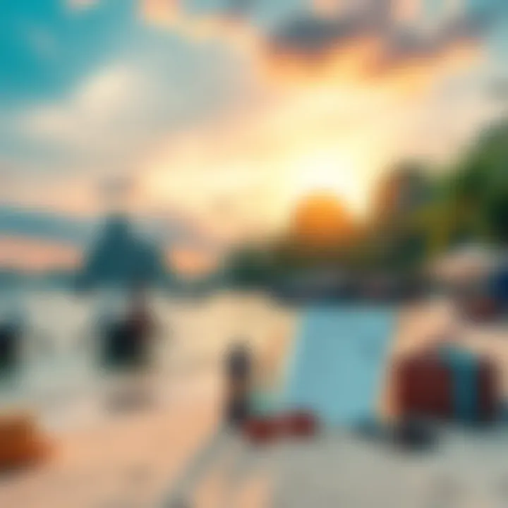 A serene beach scene in Thailand with travel essentials and a medical insurance policy document highlighted