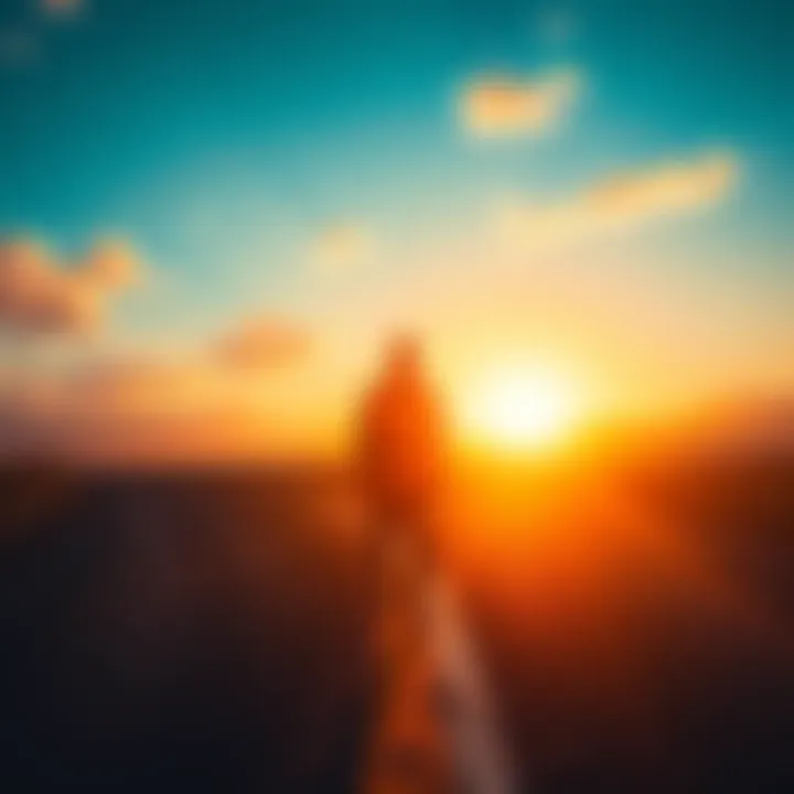 A person standing at a crossroads, contemplating choices influenced by their beliefs, with a sunrise in the background symbolizing new beginnings.