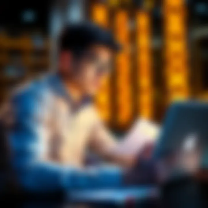 A student conducting a survey on Bitcoin investor views with a laptop and notes