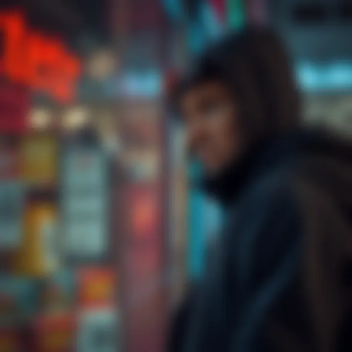 A thief looking at a storefront with a cautious expression, weighing the risks of stealing from Butters.