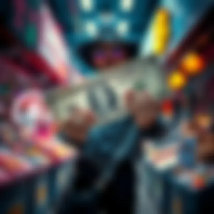 A Time Traveler's Currency An imaginative depiction of a future time traveler holding extravagant million-dollar bills, juxtaposed with symbols of Bitcoin, in a surreal marketplace setting.