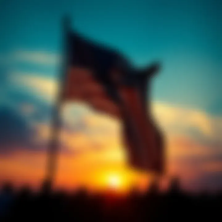 The Weight of Victory A weary American flag fluttering against a sunset, symbolizing the exhaustion from constant triumphs, with a silhouette of people reflecting on their experiences.