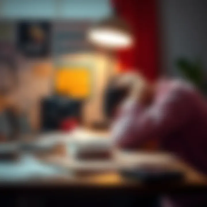 A tired individual resting their head on a desk, surrounded by papers and a laptop, showing signs of emotional exhaustion.