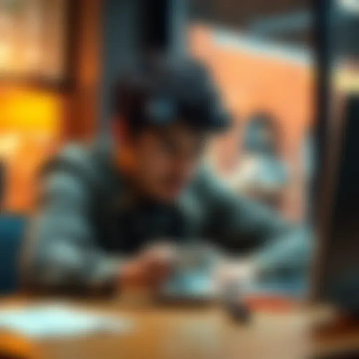 A weary person sitting at a desk with coffee, looking drained and exhausted
