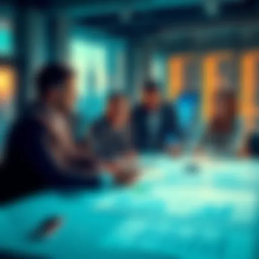 A group of financial professionals discussing tokenisation benefits around a table, with charts and documents on the table, symbolizing collaboration in the financial sector.