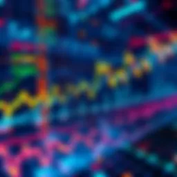 A digital representation of tokenized stocks on a blockchain with graphs showing market trends.
