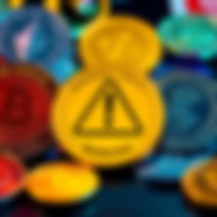 Graphic showing major cryptocurrency tokens like ADA, ETH, and SOL with a warning symbol, indicating their removal from the Crypto Earn program in Massachusetts.