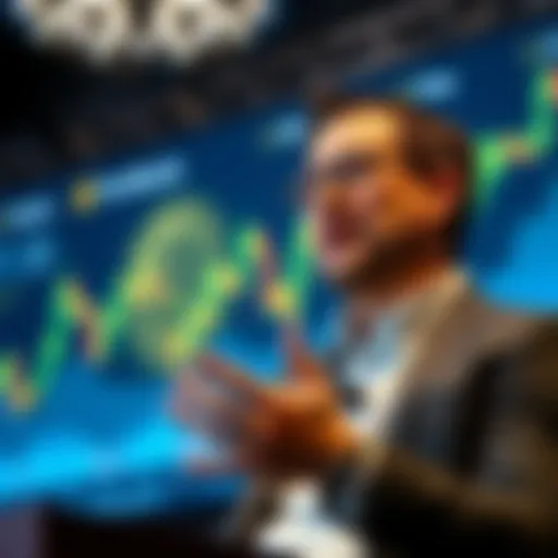 Tom Lee speaking at a conference about his Bitcoin price predictions, with a graph of Bitcoin's price behind him.