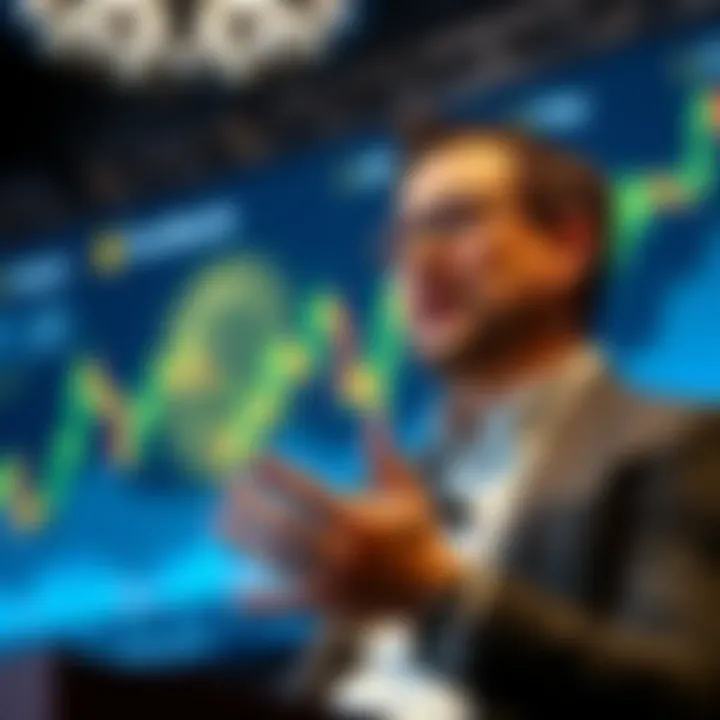 Tom Lee speaking at a conference about his Bitcoin price predictions, with a graph of Bitcoin's price behind him.