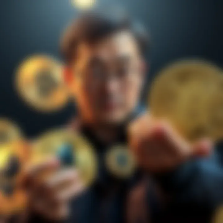 Tom Lee showcasing Ethereum coins while Bitcoin logos are sidelined, symbolizing a shift in investment strategy.