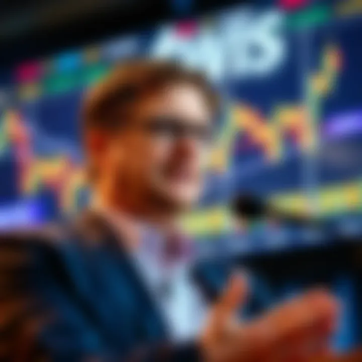 Tom Lee sharing insights on cryptocurrency trends with a chart showing market fluctuations in the background