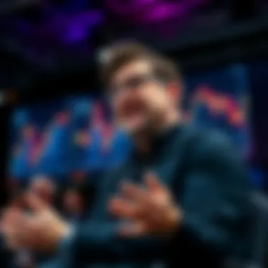 Tom Lee speaking about Ethereum's price prediction at a conference with charts showing upward trends in cryptocurrency.