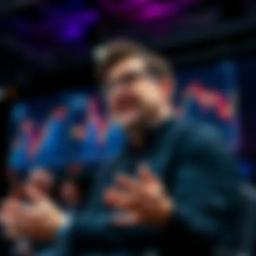 Tom Lee speaking about Ethereum's price prediction at a conference with charts showing upward trends in cryptocurrency.