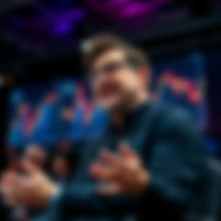 Tom Lee speaking about Ethereum's price prediction at a conference with charts showing upward trends in cryptocurrency.