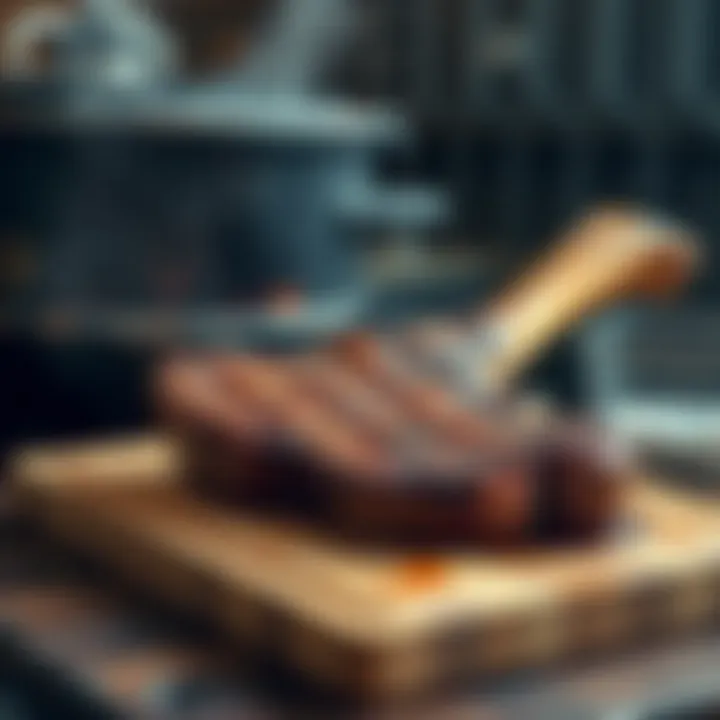 A perfectly grilled Tomahawk steak resting on a cutting board next to a Weber kettle grill with smoke rising, ready to be served.