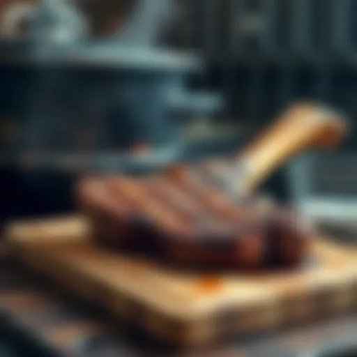 Tomahawk Steak on a Weber Grill A perfectly grilled Tomahawk steak resting on a cutting board next to a Weber kettle grill with smoke rising, ready to be served.