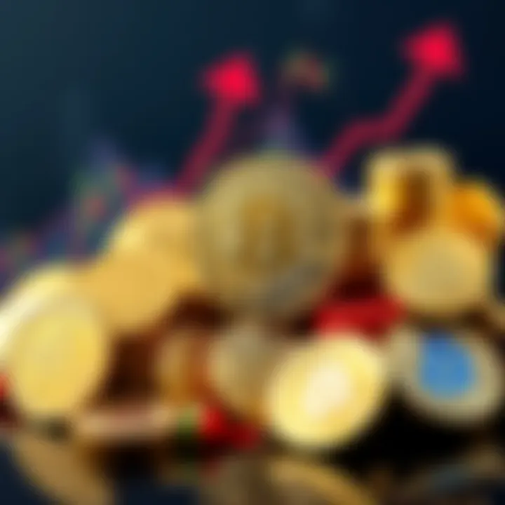 Various popular cryptocurrency coins on display with upward trend indicators