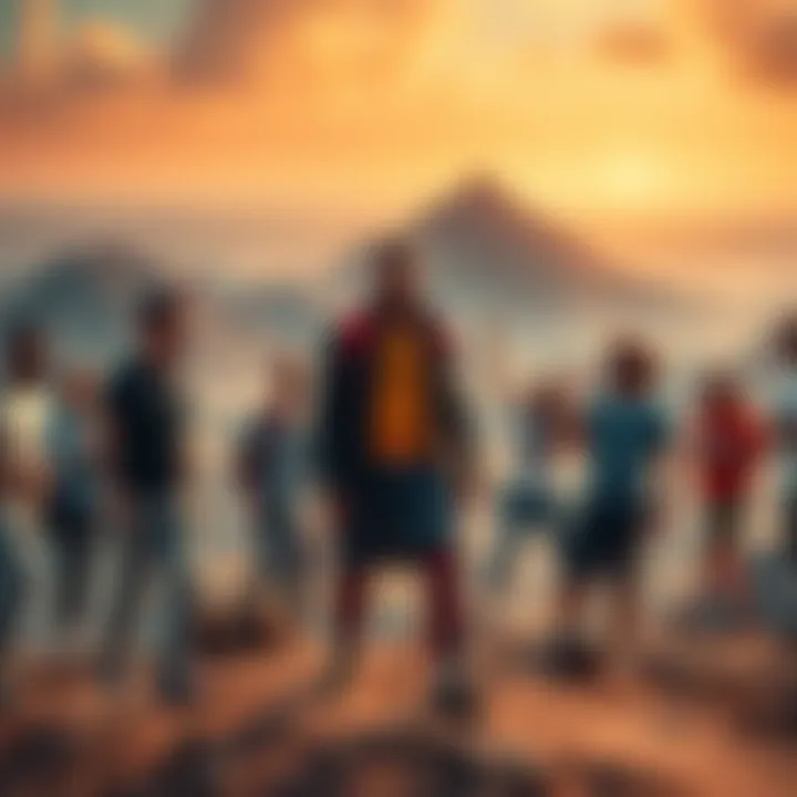 Top Player Found on New Land A prominent player is seen standing on a newly discovered piece of land, surrounded by excited people discussing its potential.