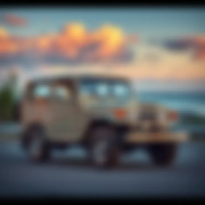 A vintage 1989 Toyota FJ62 showcasing its unique character post-accidents, parked against a scenic backdrop.